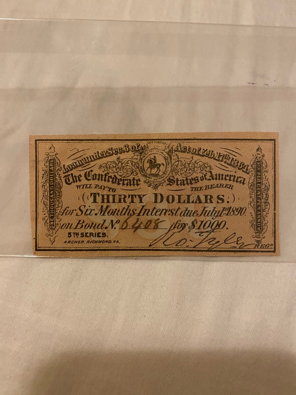 1864 Confederate States of America $30 interest coupon in good condition.